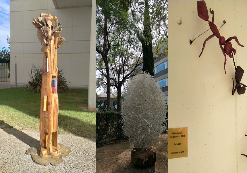 Tres fotografías de las eco-esculturas ganadoras de años anteriores: un árbol con huecos en su tronco para libros; un arbusto redondo blanco con base de madera y una de las hormigas que trepan por la pared de la fachada de Magisterio